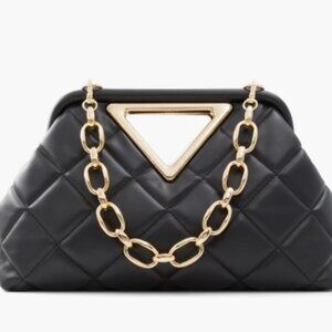 Aldo Clutch Jet Black Quilted Clutch with Gold Chain